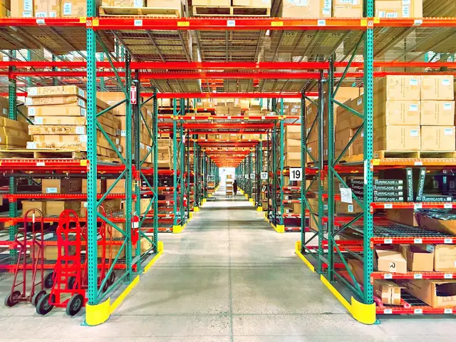 Aisles of stocked pallet racks in a warehouse